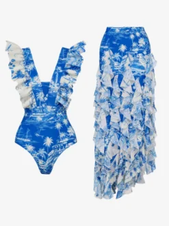Ensemble maillot de bain bleu sexy à volants asymétrique
