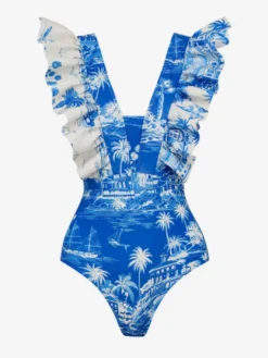 Ensemble maillot de bain bleu sexy à volants asymétrique
