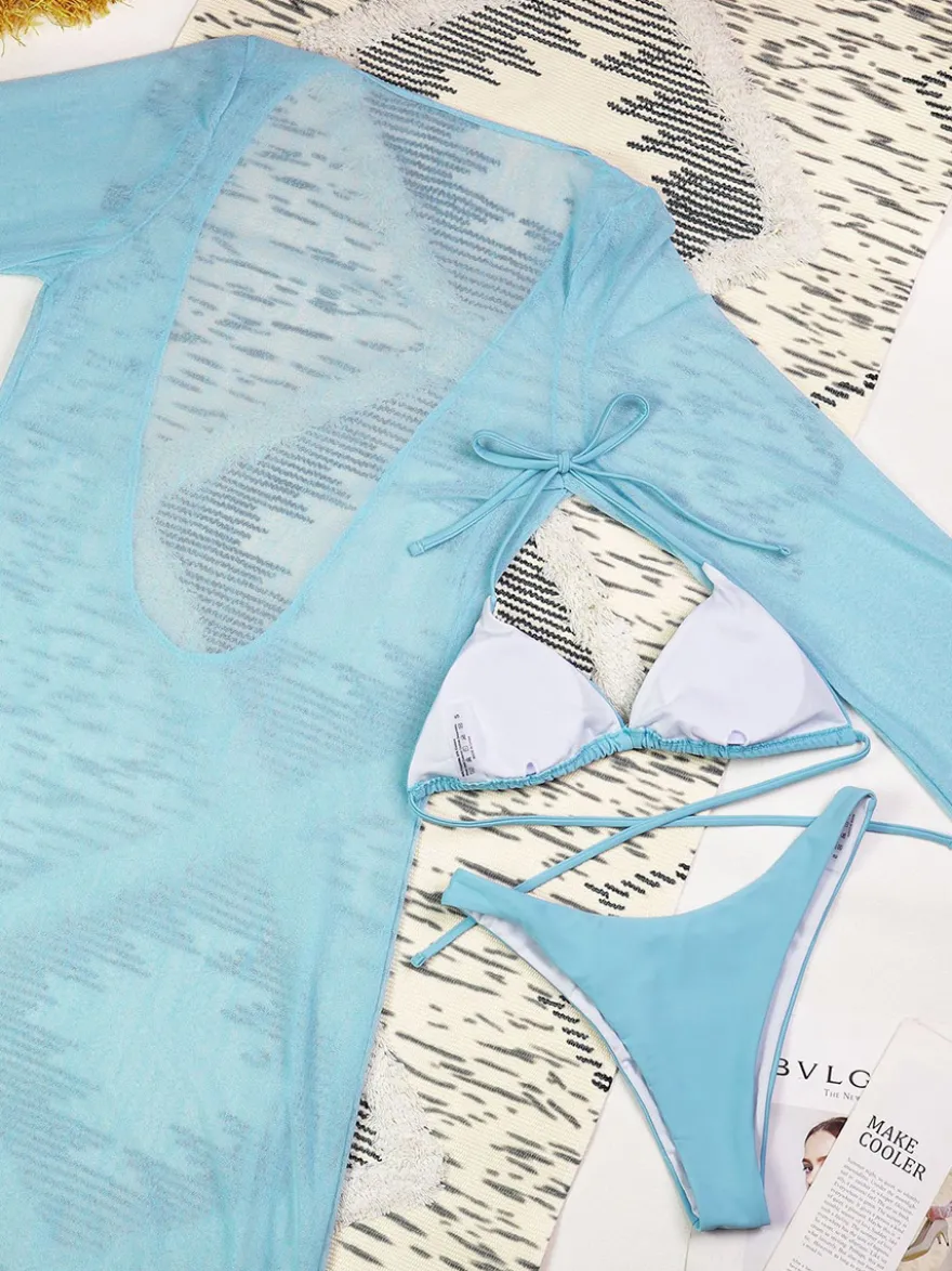 Ensemble maillot de bain bleu sexy court à manches longues cache-maillot et soutien-gorge dos nageur