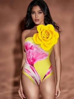 Ensemble maillot de bain deux pièces à imprimé floral pour femme - Monokini 3D à fleurs avec jupe paréo maxi - Collection été 2026