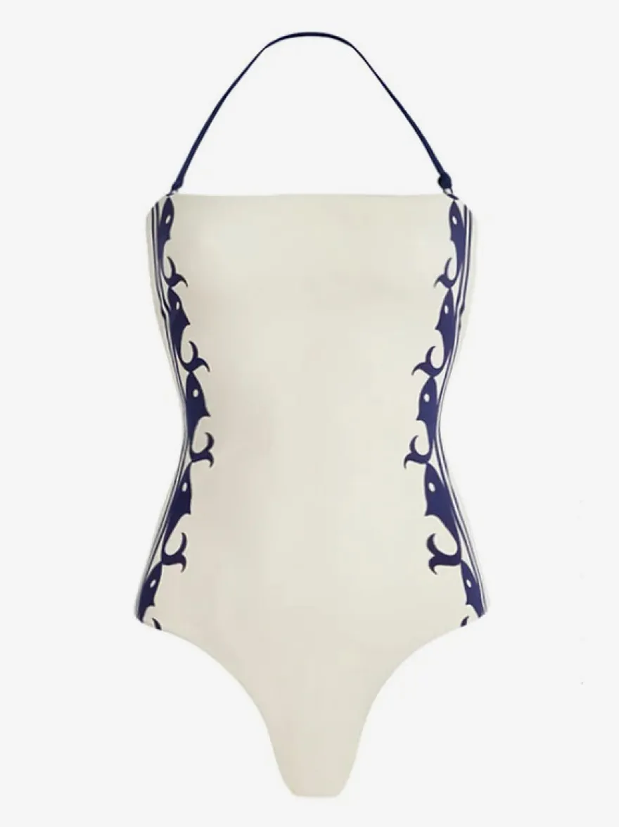 Ensemble maillot de bain deux tons rétro à lacets et dos nu avec cache-maillots et paréos.