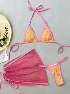 Ensemble maillot de bain en maille bikini de couleur contrastée et mini-jupe cache-maillot pour la plage 2026
