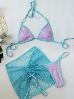 Ensemble maillot de bain en maille bikini de couleur contrastée et mini-jupe cache-maillot pour la plage 2026