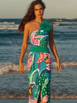 Ensemble maillot de bain et paréo vert bohème à lacets et dos nu imprimé floral