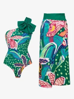 Ensemble maillot de bain et paréo vert bohème à lacets et dos nu imprimé floral