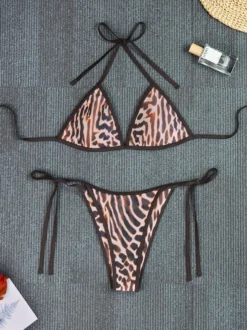 Ensemble maillot de bain léopard sexy à bretelles décolleté pantalon sans manches soutien-gorge dos nu