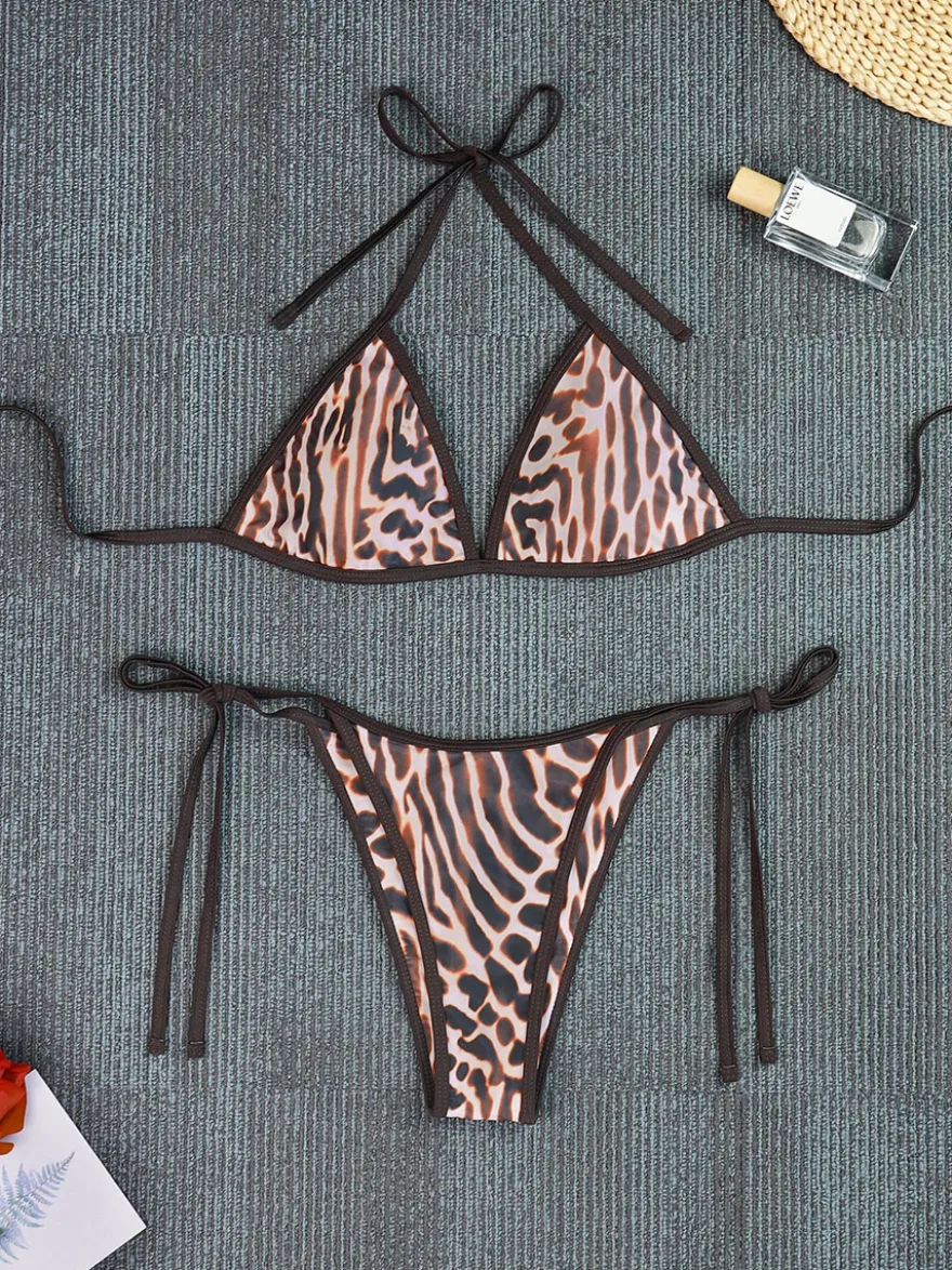 Ensemble maillot de bain léopard sexy à bretelles décolleté pantalon sans manches soutien-gorge dos nu