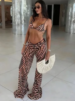 Ensemble maillot de bain léopard sexy à bretelles décolleté pantalon sans manches soutien-gorge dos nu