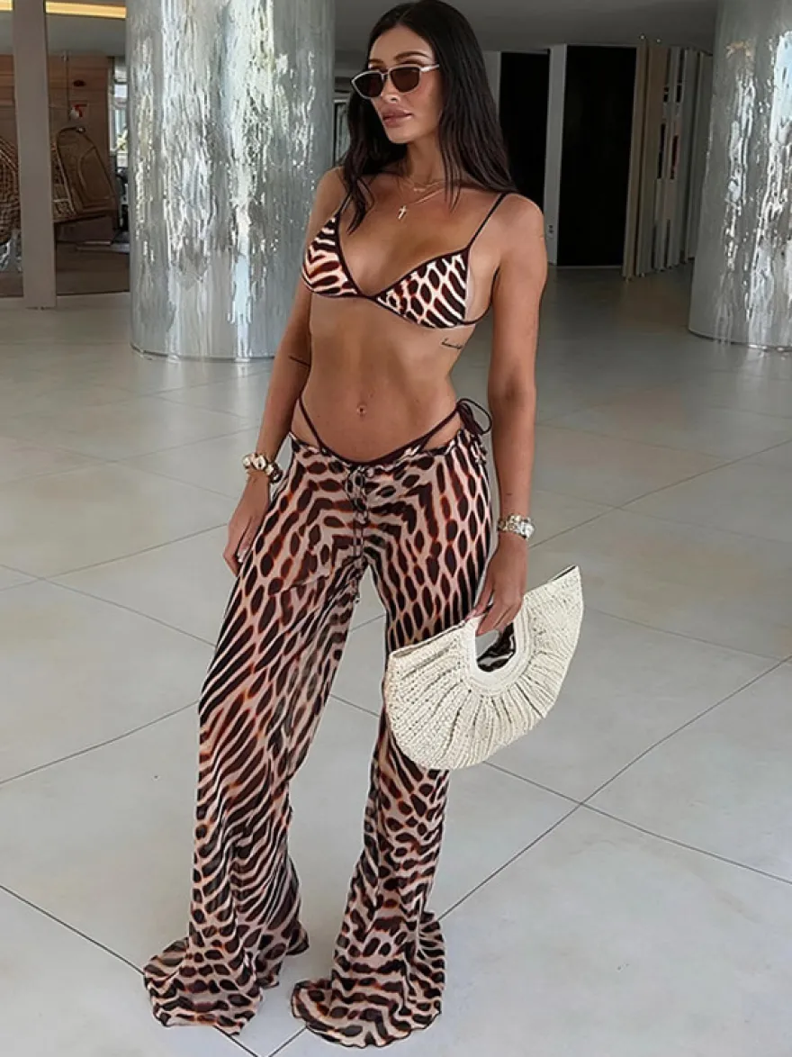Ensemble maillot de bain léopard sexy à bretelles décolleté pantalon sans manches soutien-gorge dos nu