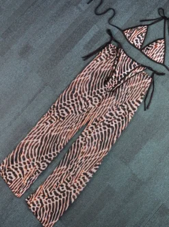 Ensemble maillot de bain léopard sexy à bretelles décolleté pantalon sans manches soutien-gorge dos nu