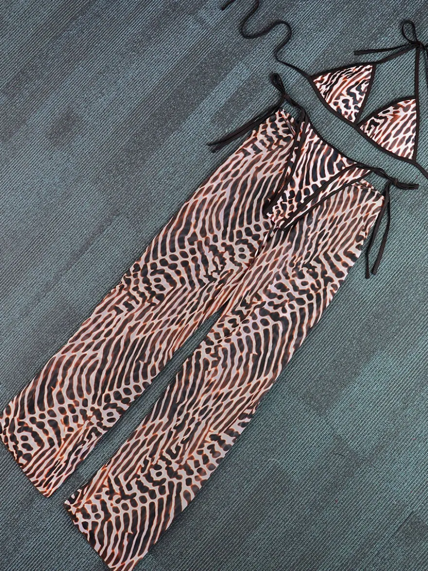 Ensemble maillot de bain léopard sexy à bretelles décolleté pantalon sans manches soutien-gorge dos nu