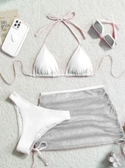 Ensemble maillot de bain 3 pièces simple bikini et mini-jupe transparente pour l'été 2026
