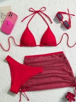 Ensemble maillot de bain 3 pièces simple bikini et mini-jupe transparente pour l'été 2026