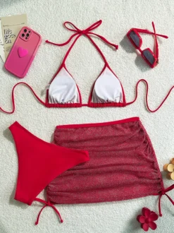 Ensemble maillot de bain 3 pièces simple bikini et mini-jupe transparente pour l'été 2026