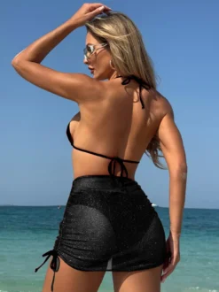 Ensemble maillot de bain 3 pièces simple bikini et mini-jupe transparente pour l'été 2026