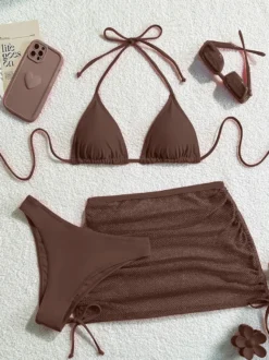 Ensemble maillot de bain 3 pièces simple bikini et mini-jupe transparente pour l'été 2026