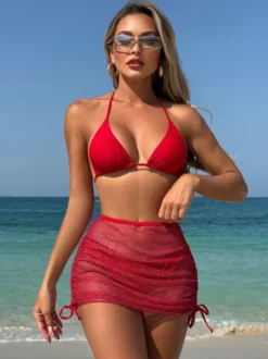 Ensemble maillot de bain 3 pièces simple bikini et mini-jupe transparente pour l'été 2026