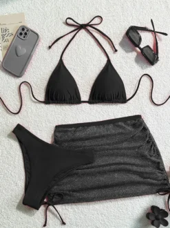 Ensemble maillot de bain 3 pièces simple bikini et mini-jupe transparente pour l'été 2026