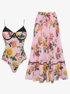 Ensemble maillot de bain rose sexy à imprimé floral bretelles et décolleté