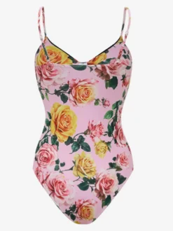 Ensemble maillot de bain rose sexy à imprimé floral bretelles et décolleté