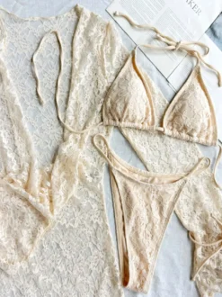 Ensemble maillot de bain rouge sexy en dentelle ajourée décolleté en V manches longues cache-maillot soutien-gorge dos nageur