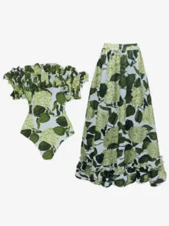 Ensemble maillot de bain une pièce à volants et jupe longue à imprimé floral épaules dénudées 2026