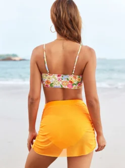 Ensemble maillots de bain et paréos orange chic à imprimé floral bretelles col sans manches