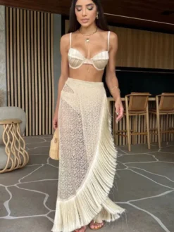Ensemble maillots de bain et paréos abricot chic à volants bretelles et col sans manches