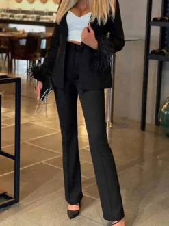 Ensemble pantalon et veste slim à revers à un bouton tailleur-pantalon deux pièces avec poignets à plumes