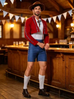 Ensemble pantalon rouge style européen pour garçon et adulte idéal pour l'Oktoberfest et les fêtes.