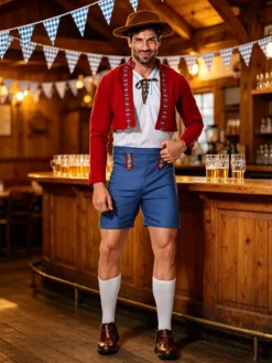 Ensemble pantalon rouge style européen pour garçon et adulte idéal pour l'Oktoberfest et les fêtes.