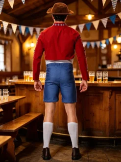 Ensemble pantalon rouge style européen pour garçon et adulte idéal pour l'Oktoberfest et les fêtes.