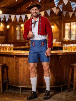 Ensemble pantalon rouge style européen pour garçon et adulte idéal pour l'Oktoberfest et les fêtes.