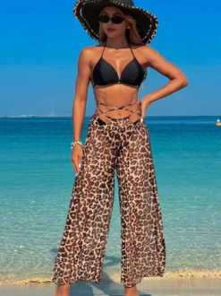 Ensemble 3 pièces bikini imprimé simple et pantalon de plage transparent pour l'été 2026