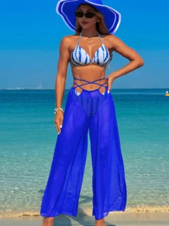 Ensemble 3 pièces bikini imprimé simple et pantalon de plage transparent pour l'été 2026