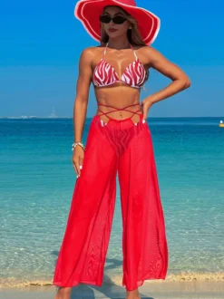 Ensemble 3 pièces bikini imprimé simple et pantalon de plage transparent pour l'été 2026