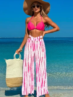Ensemble 3 pièces bikini imprimé simple et pantalon de plage transparent pour l'été 2026