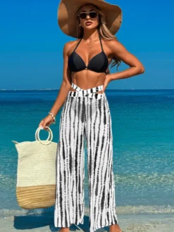 Ensemble 3 pièces bikini imprimé simple et pantalon de plage transparent pour l'été 2026