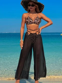 Ensemble 3 pièces bikini imprimé simple et pantalon de plage transparent pour l'été 2026
