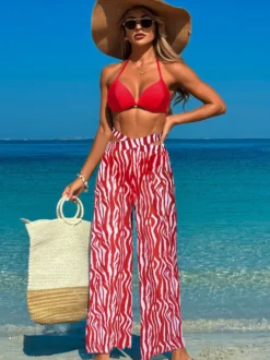 Ensemble 3 pièces bikini imprimé simple et pantalon de plage transparent pour l'été 2026
