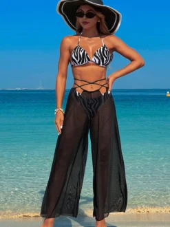 Ensemble 3 pièces bikini imprimé simple et pantalon de plage transparent pour l'été 2026