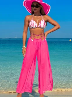 Ensemble 3 pièces bikini imprimé simple et pantalon de plage transparent pour l'été 2026