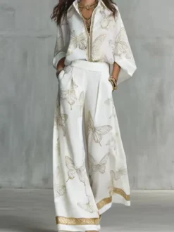 Ensemble 2 pièces : chemise à manches 3/4 et revers en satin imprimé papillon doré pantalon large assorti