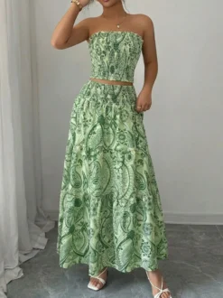 Ensemble 2 pièces fleuri : haut bustier smocké sans bretelles et jupe longue taille haute