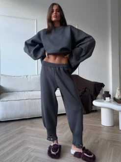 Ensemble 2 pièces oversize en maille pour femme - Pull et pantalon décontractés effet usé - Tenue d'intérieur confortable pour le printemps 2026