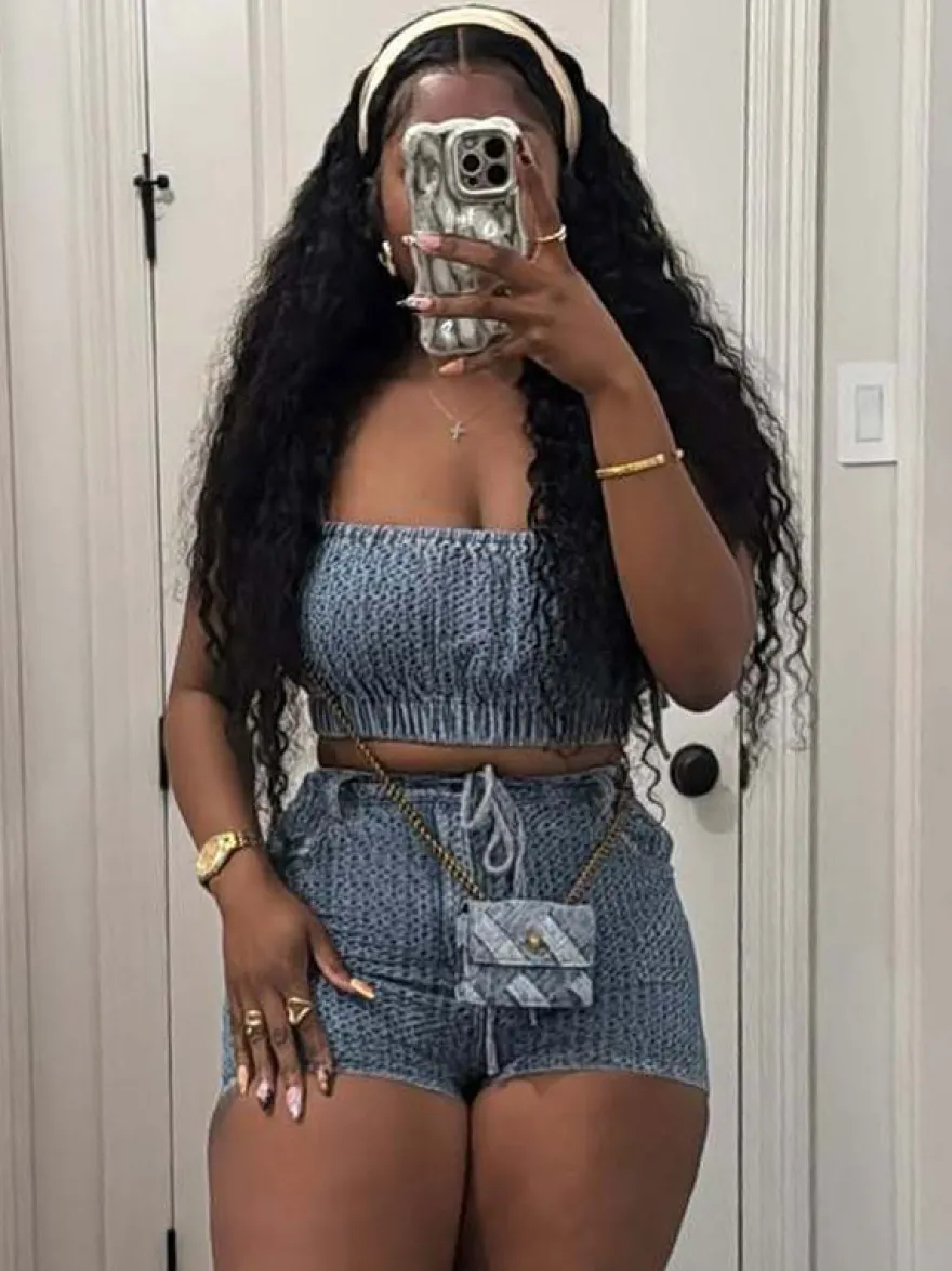 Ensemble 2 pièces pantalon bleu sexy streetwear en denim à bretelles et sans manches