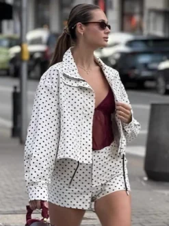 Ensemble 2 pièces à pois pour femme - Veste courte décontractée et short - Collection streetwear printemps 2026