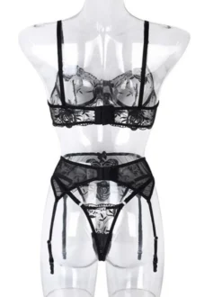 Ensemble 3 pièces soutien-gorge culotte brodés noirs sexy transparent