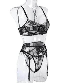 Ensemble 3 pièces soutien-gorge culotte brodés noirs sexy transparent