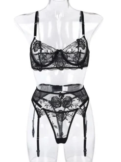 Ensemble 3 pièces soutien-gorge culotte brodés noirs sexy transparent